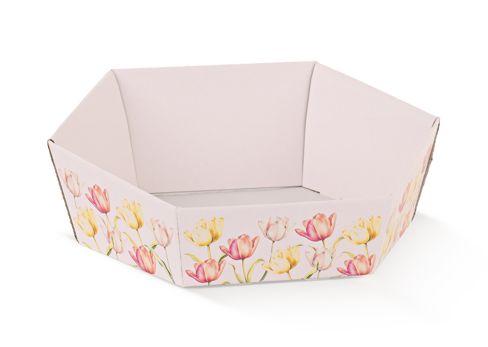Sechseckiger Geschenkkorb / Präsentkorb ohne Tragegriff im Tulpendesign (205x170x70 mm)