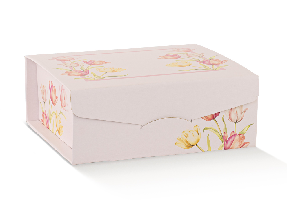 Faltschachteln für gezuckerte Mandeln, Süßwaren oder kleine Geschenkartikel Tulpen-Design (230x230x100 mm)