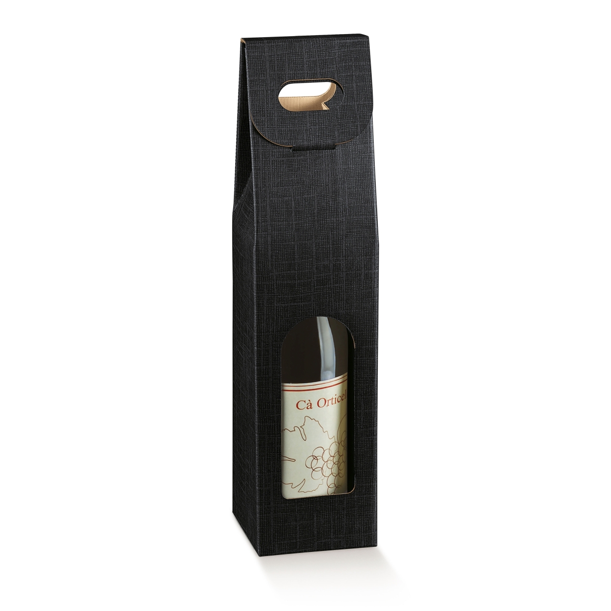 Flaschenkarton für 1 Flasche mit Tragegriff und Fenster stehend schwarz (90x90x385 mm)