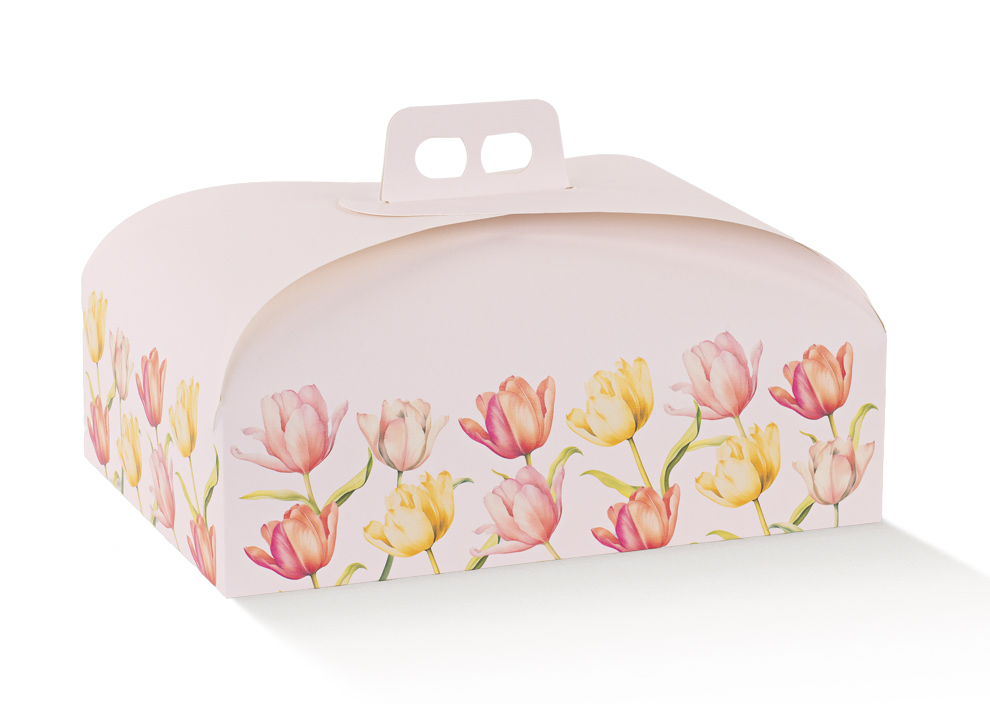Kartonschachtel mit Tragegriff für Colomba-Kuchen - Tulpen-Design (335x235x90 mm)