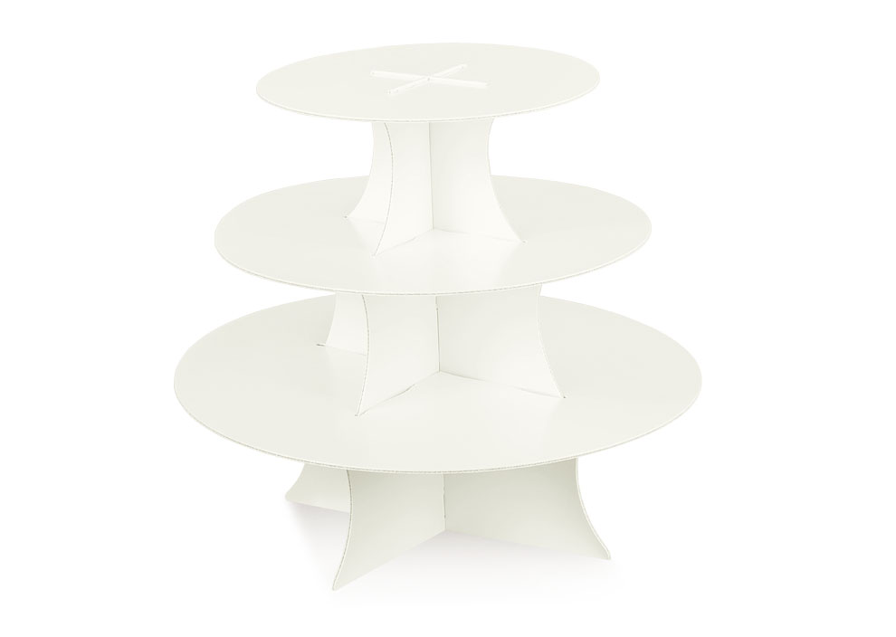 3-stockiger einfacher Ausstellungsständer aus zusammengefügten Kartonstücken (Dm. 330 x H 290 mm)